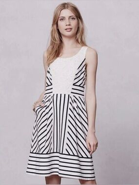 Maeve Black and White Striped Midi Dress